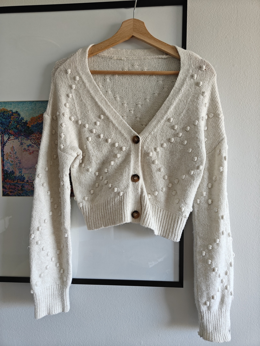 Urban Outfitters Cream V-Neck Pom-Pom Button Cardigan